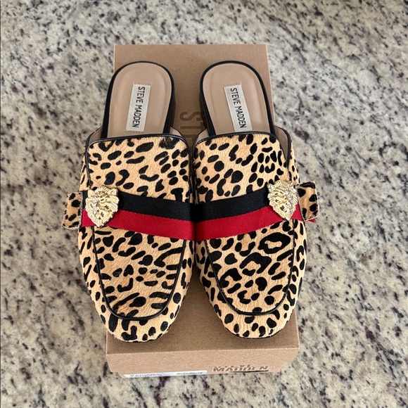 Steve Madden Shoes - Steve Madden Leopard Print Mule with Red & Black Band and Gold Lion Accent